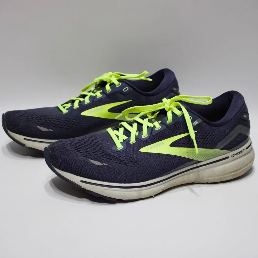 Brooks Ghost 15 Running Walking Shoes Navy Blue Neon Yellow Men Size 12D